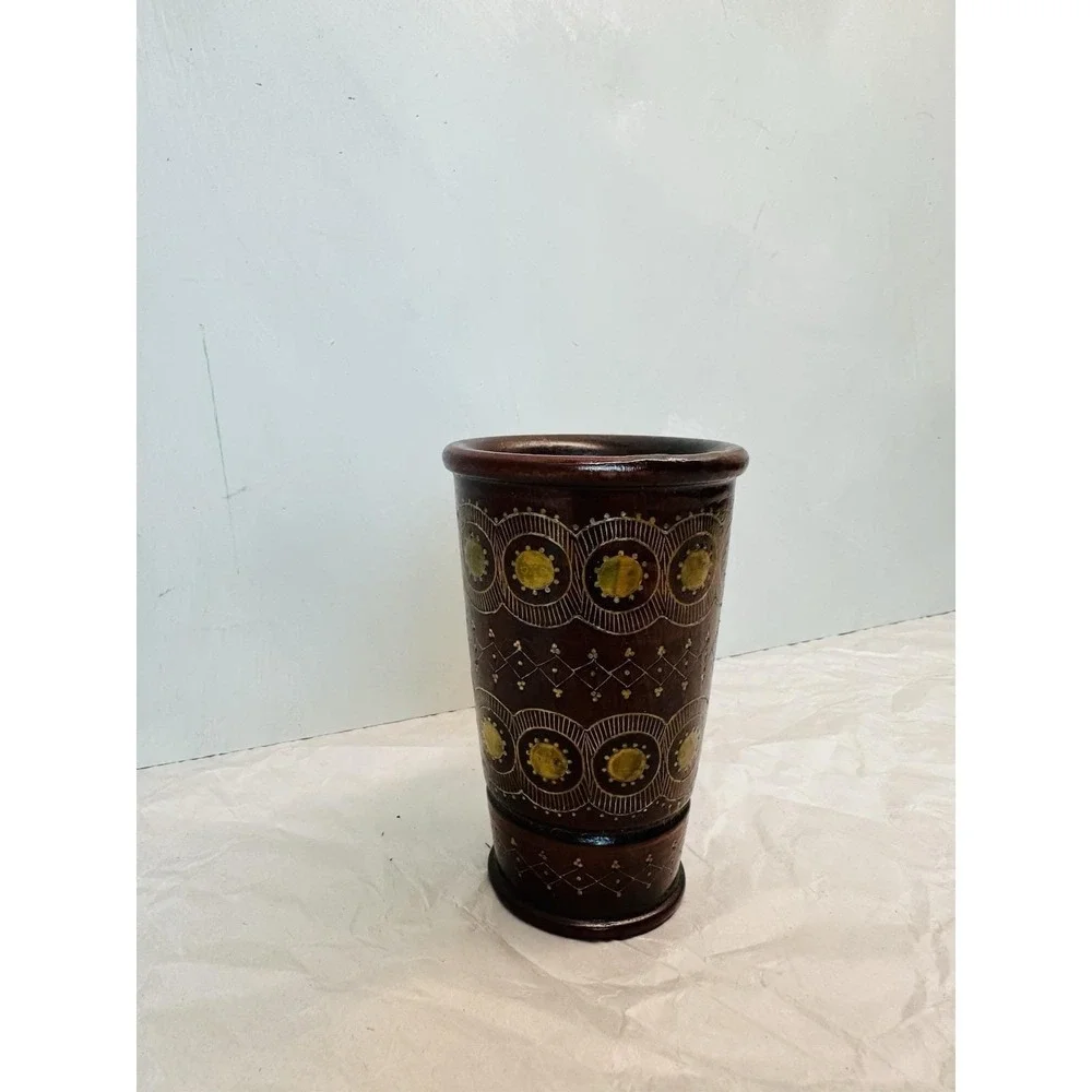 Vintage Soviet-era Russian uskul brass inlay wood pencil cup/vase 4.25
